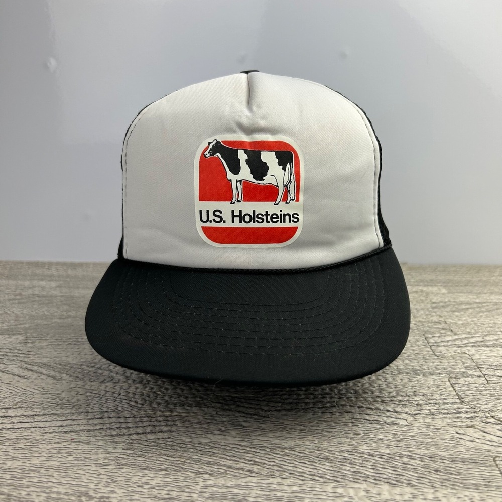 Vintage 80s US Holsteins Trucker Hat Cap Snap Back Adjustable Black Cow Adult